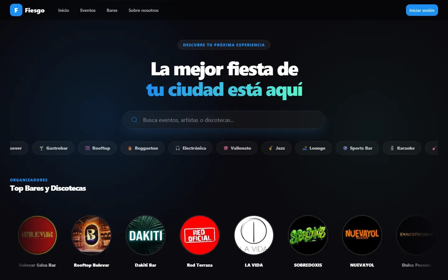 Portada de Fiesgo con el buscador de eventos y las categorías de bares