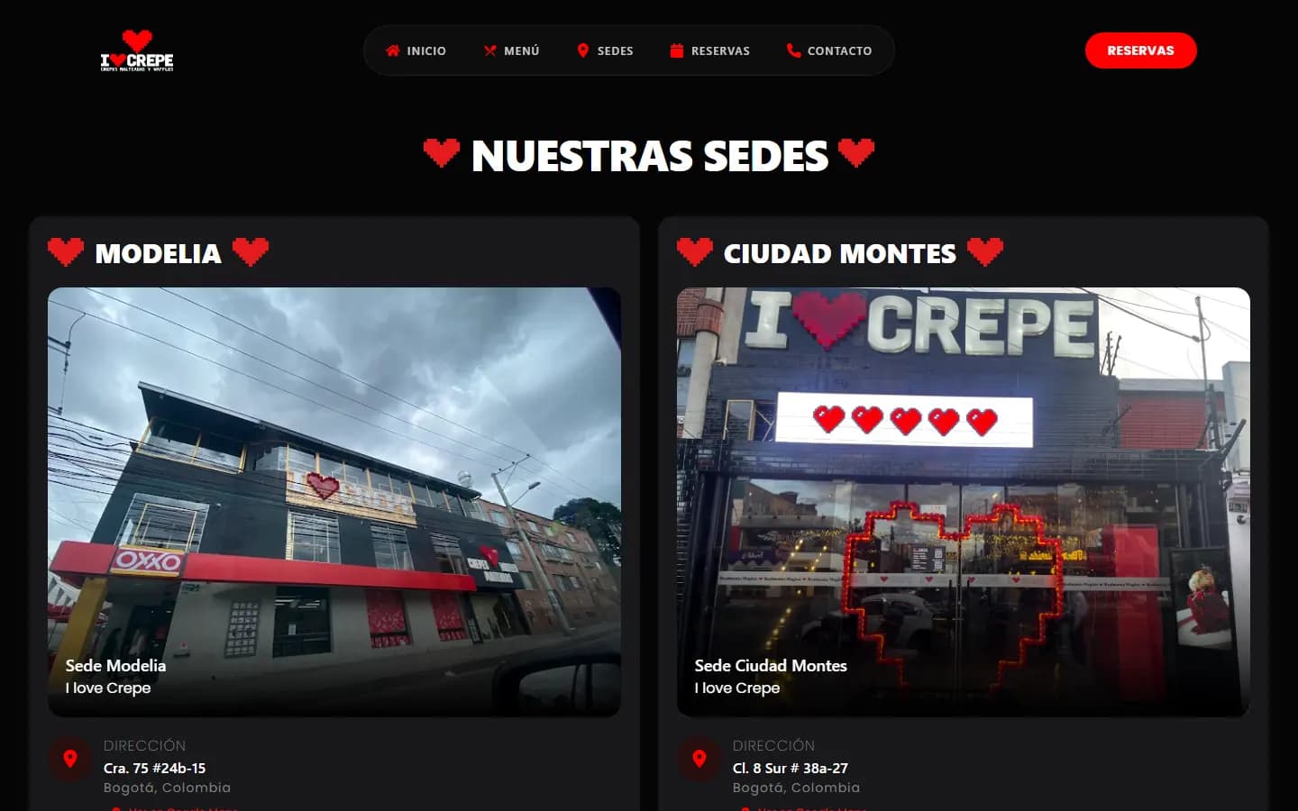 Página de sedes de I Love Crepe