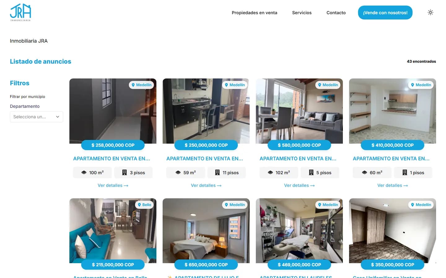 Catálogo de propiedades de Inmobiliaria JRA con filtros y precios