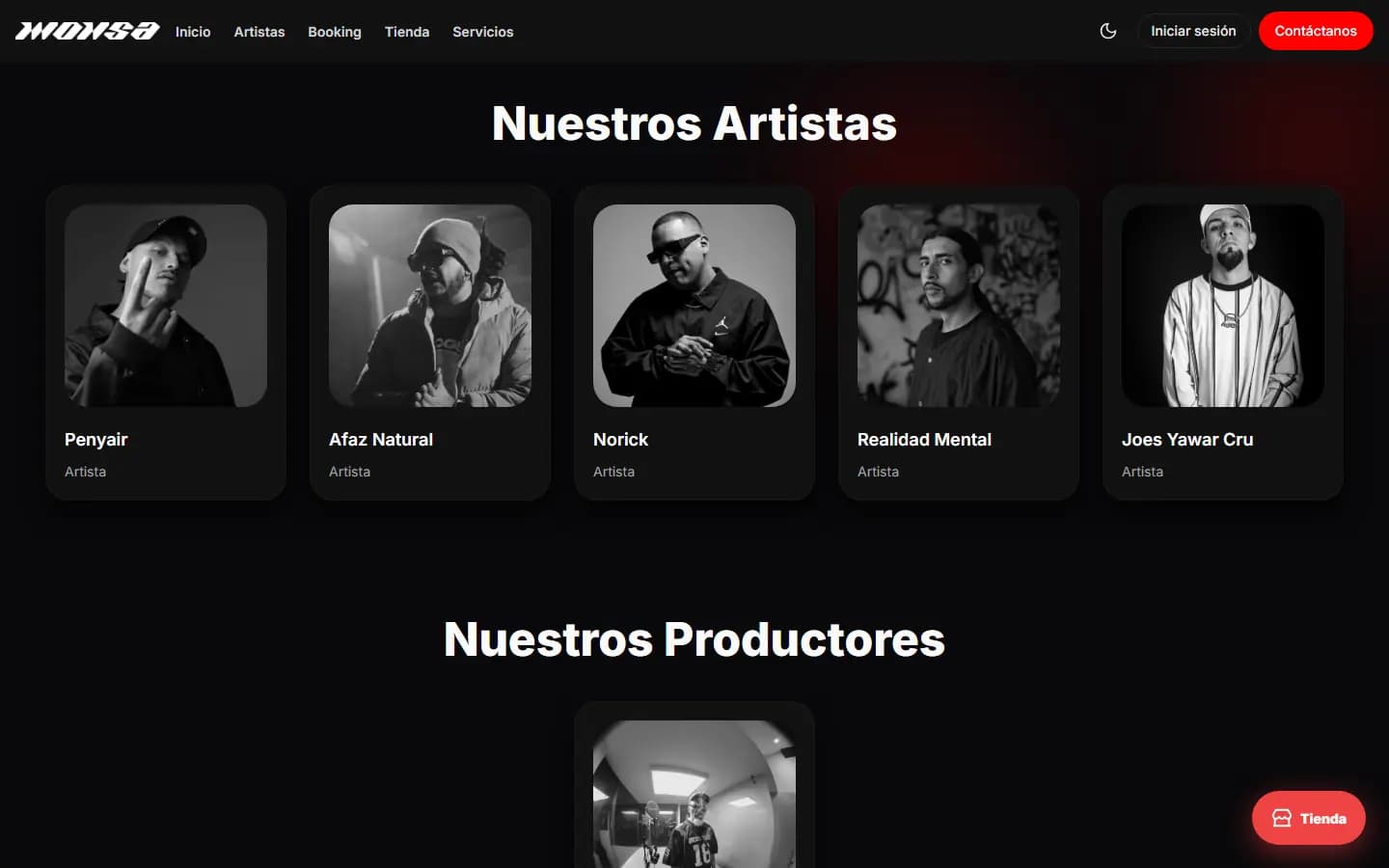 Página de artistas de Monsaent con las fichas del roster completo