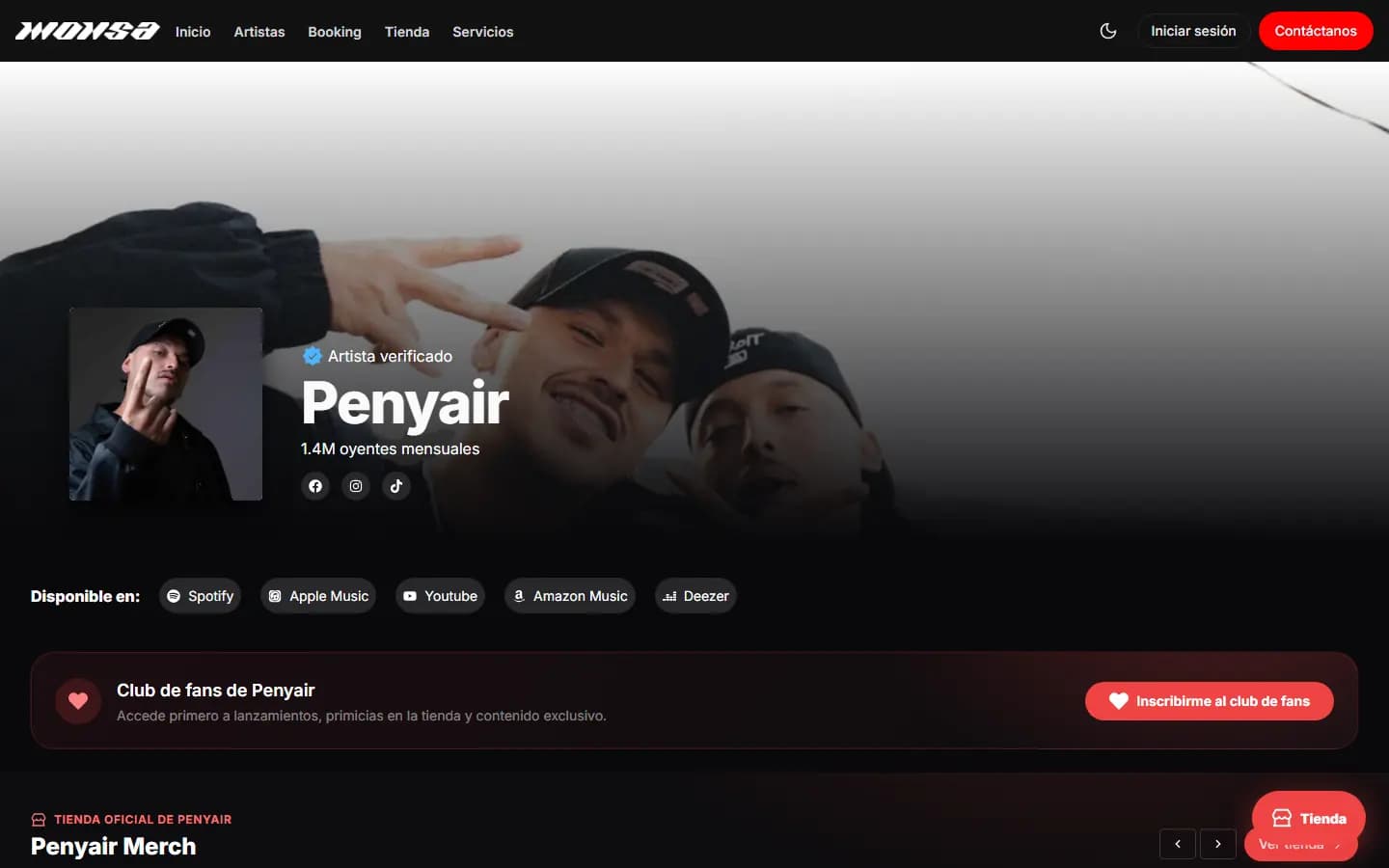 Perfil de Penyair con 1.4M de oyentes mensuales y enlaces de streaming
