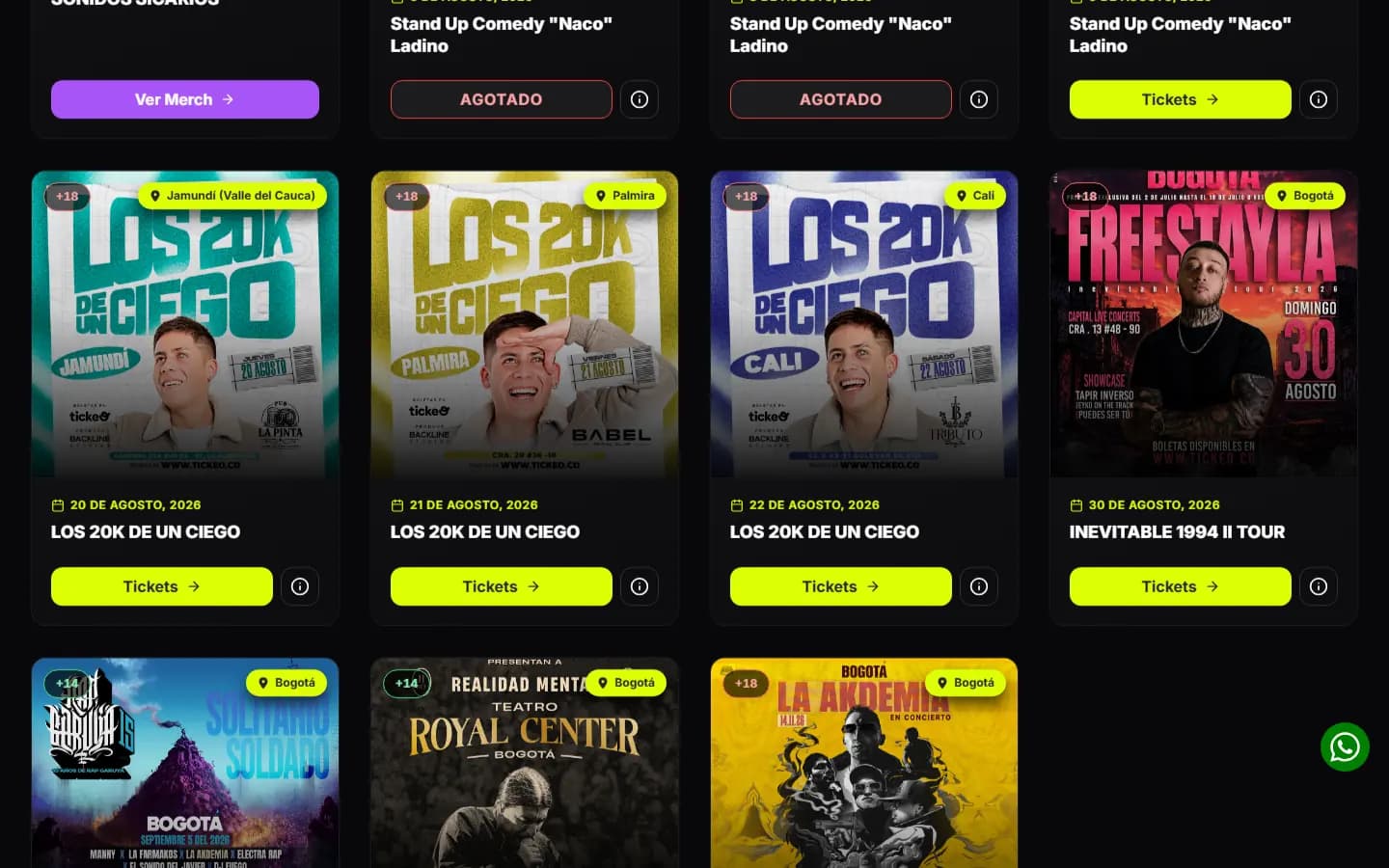 Cartelera de Tickeo con filtros por ciudad y estados de venta