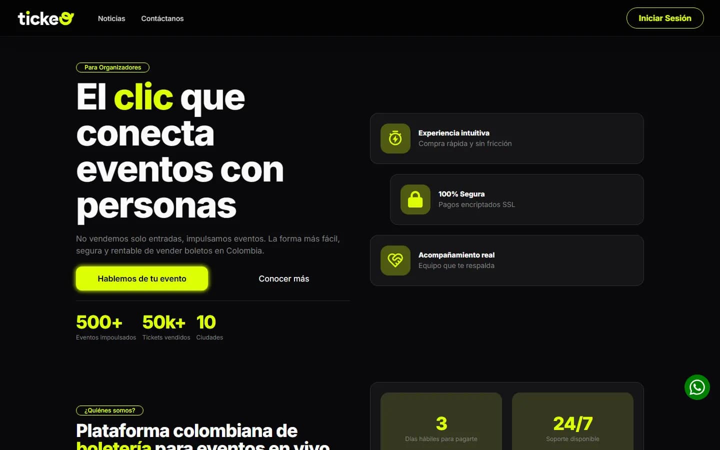 Página de contacto de Tickeo